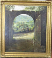 A restored german landscape painting. Universal Fine Art Conservation restored the ripped canvas.